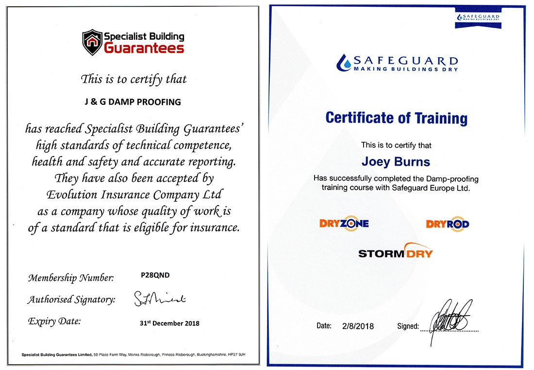 J & G Damp Proofing Certificates